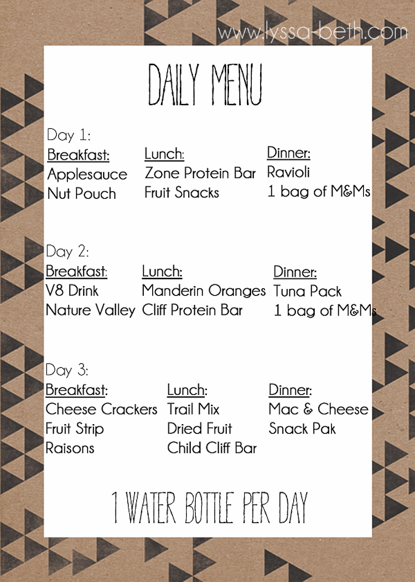 daily menu for 72 hour survival kit